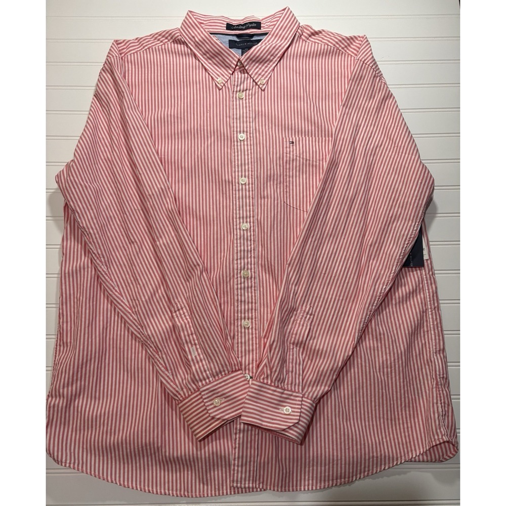 Tommy Hilfiger Academy Poplin Shirt Mens XXL Pink White Stripe Button Down New